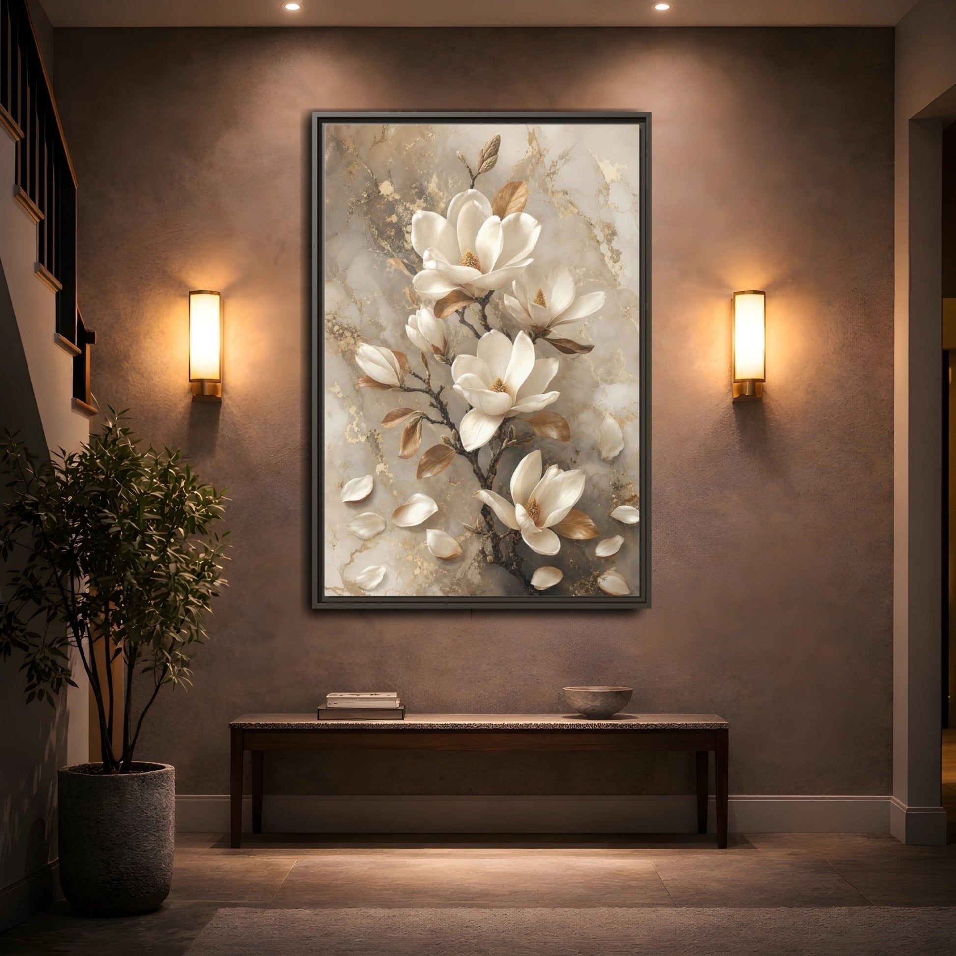 Floral Magnolia Flowers White And Gold Framed Canvas Print – Living Room, Above Sofa - YesArtYes