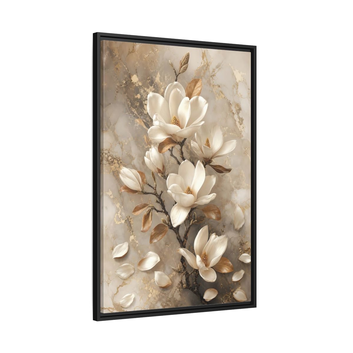 Floral Magnolia Flowers White And Gold Framed Canvas Print – Living Room, Above Sofa - YesArtYes