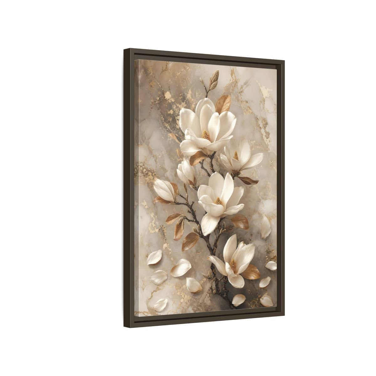 Floral Magnolia Flowers White And Gold Framed Canvas Print – Living Room, Above Sofa - YesArtYes