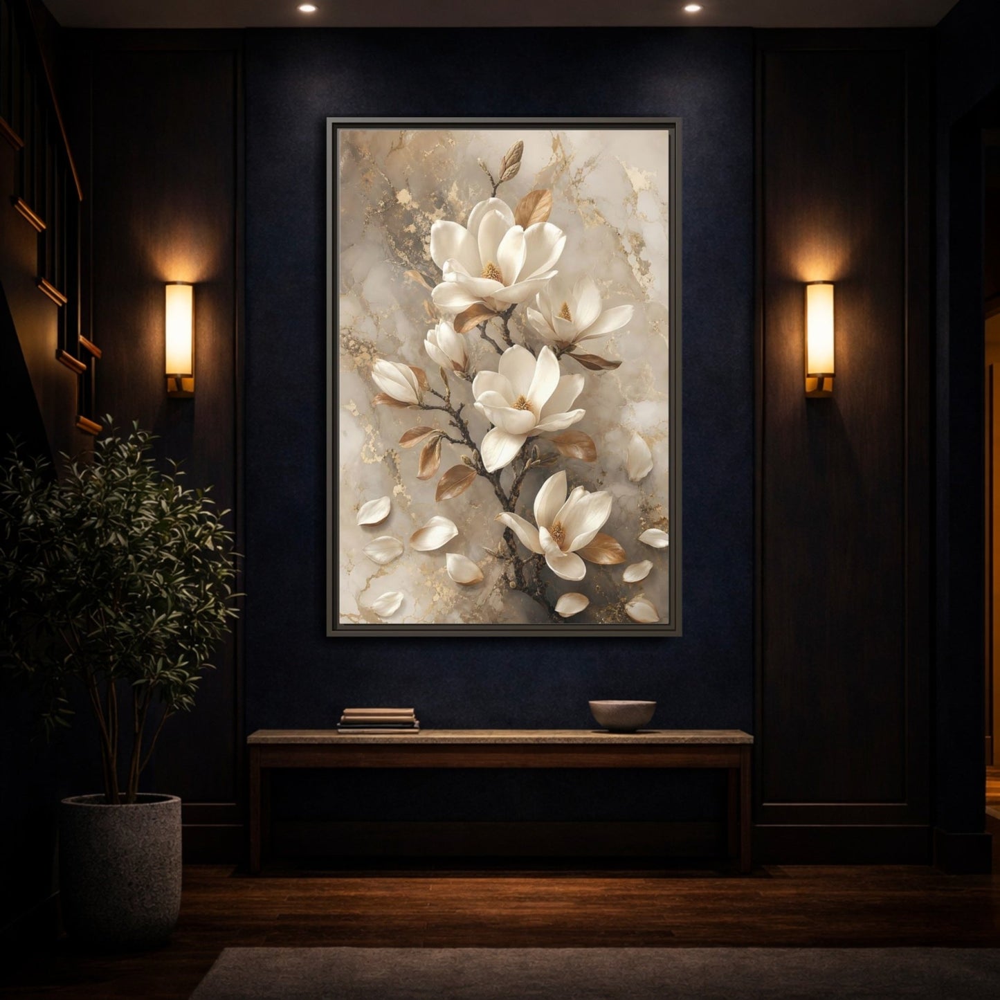 Floral Magnolia Flowers White And Gold Framed Canvas Print – Living Room, Above Sofa - YesArtYes