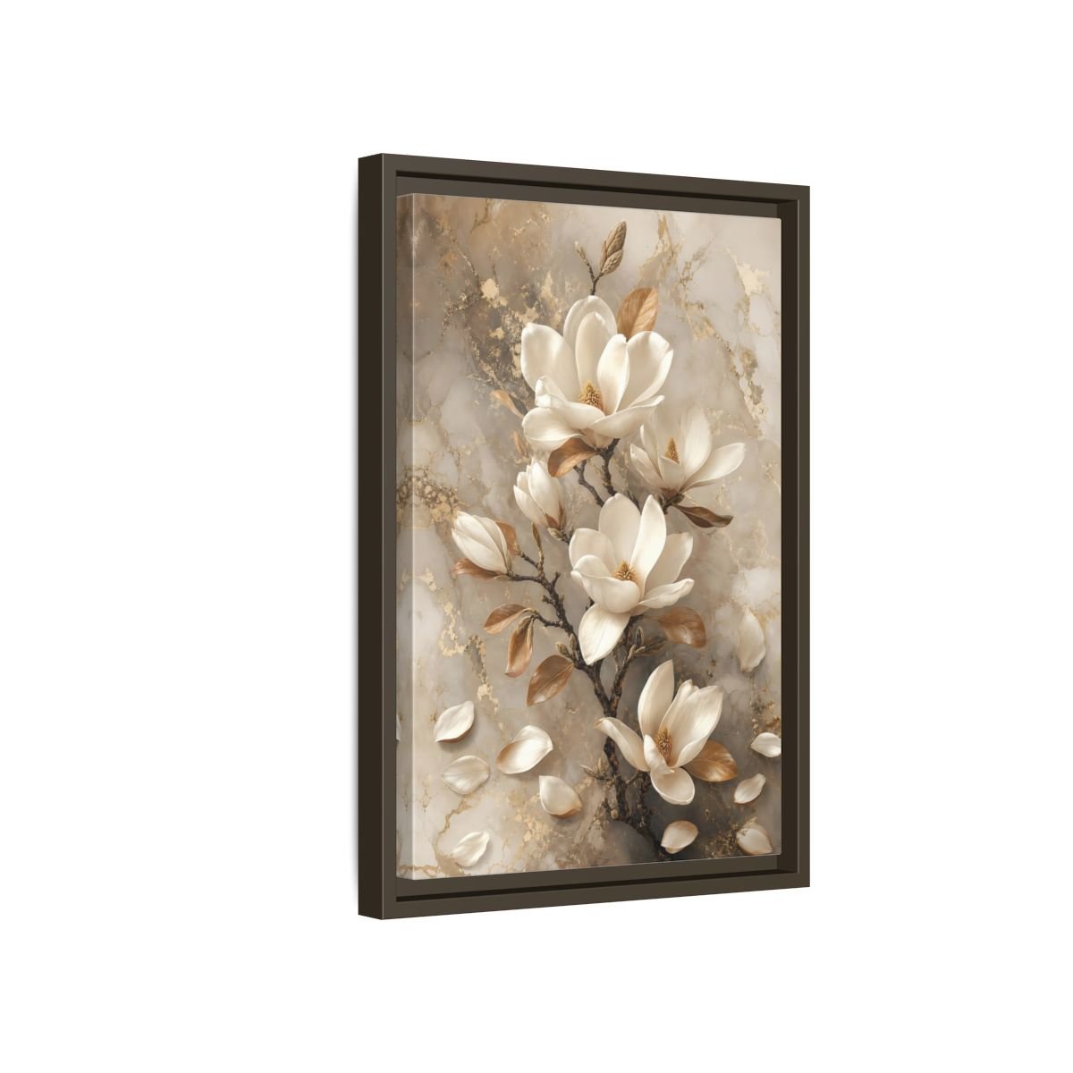 Floral Magnolia Flowers White And Gold Framed Canvas Print – Living Room, Above Sofa - YesArtYes
