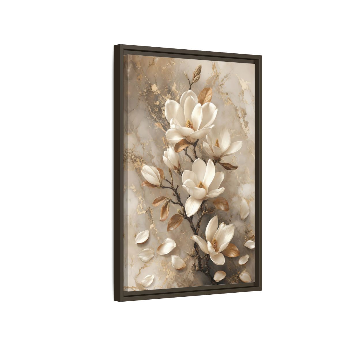 Side Mockup 2. Floral Magnolia Flowers White And Gold shown as framed canvas print