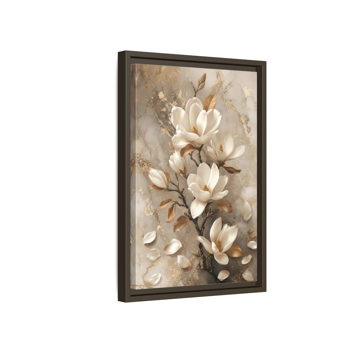 Side Mockup 5. Floral Magnolia Flowers White And Gold shown as framed canvas print