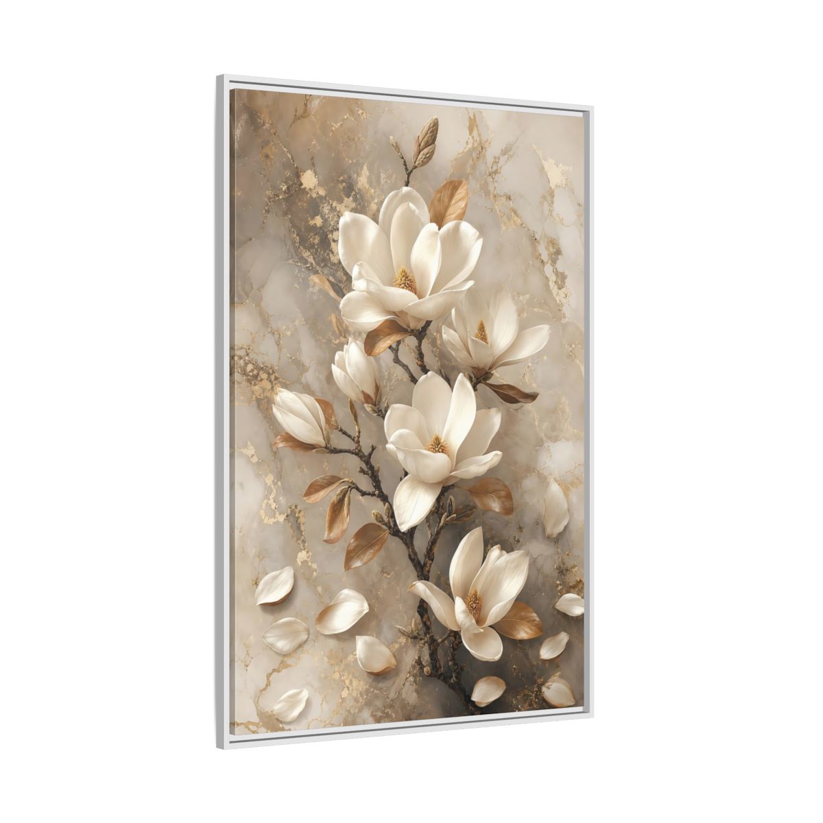 Side Mockup 7. Floral Magnolia Flowers White And Gold shown as framed canvas print