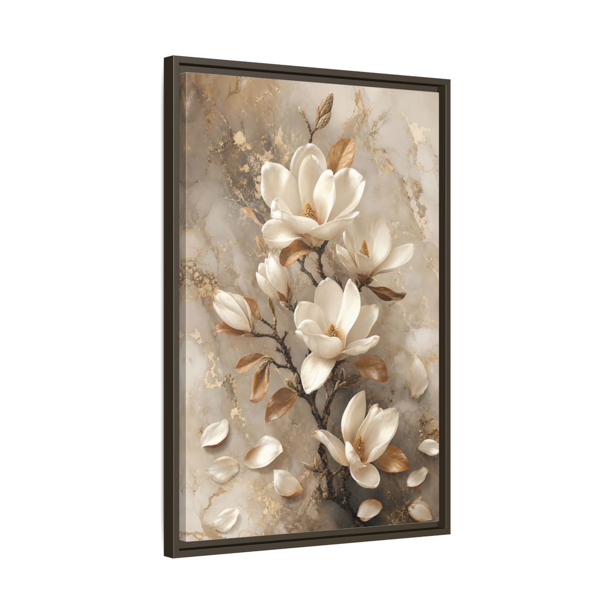 Side Mockup 11. Floral Magnolia Flowers White And Gold shown as framed canvas print