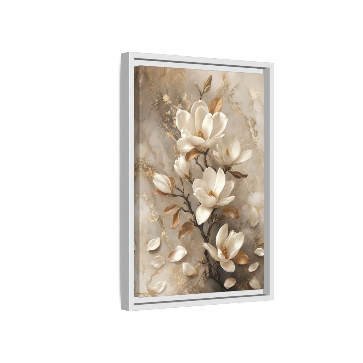 Side Mockup 4. Floral Magnolia Flowers White And Gold shown as framed canvas print