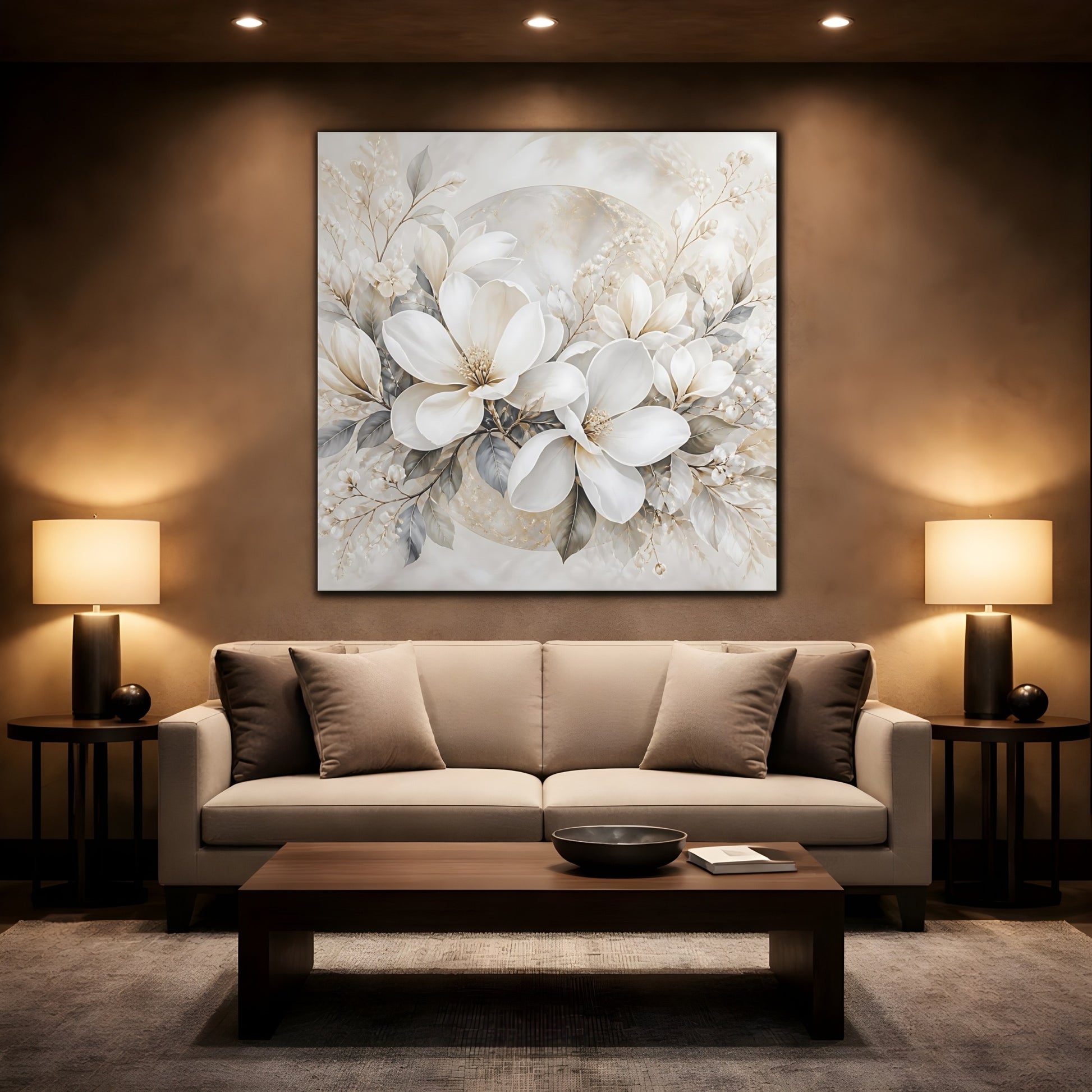 Mockup 2. Floral Magnolia Flowers White And Gold shown as stretched canvas wall art