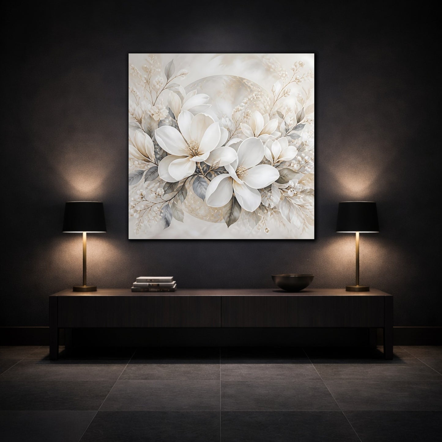 Mockup 3. Floral Magnolia Flowers White And Gold shown as stretched canvas wall art