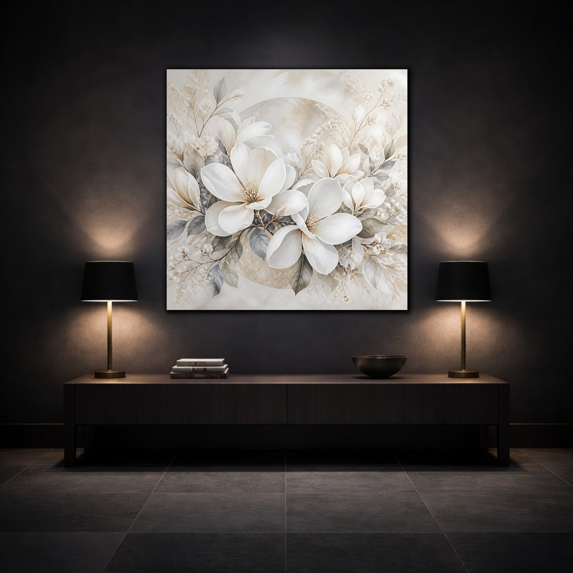 Mockup 3. Floral Magnolia Flowers White And Gold shown as stretched canvas wall art
