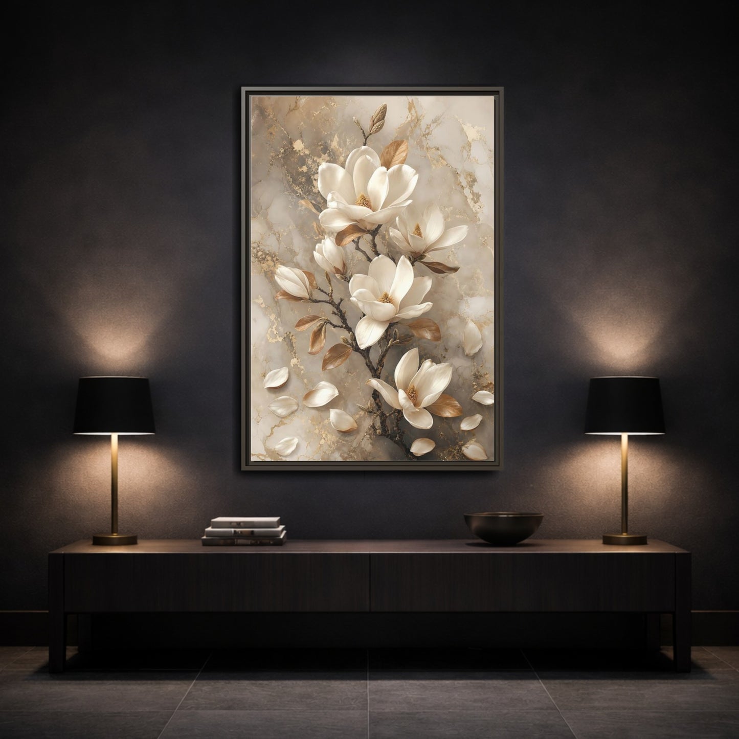Mockup 3. Floral Magnolia Flowers White And Gold shown as framed canvas print