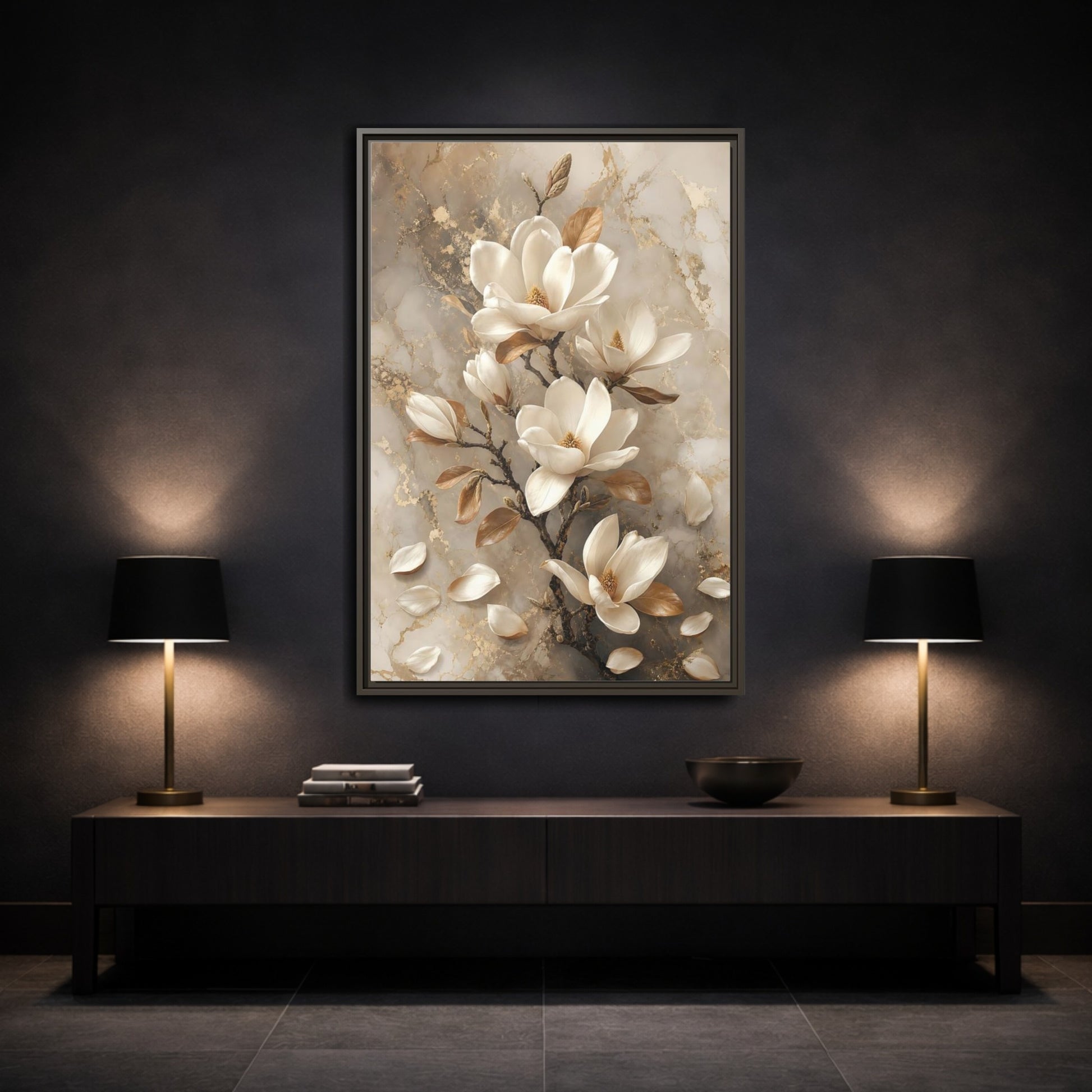 Mockup 3. Floral Magnolia Flowers White And Gold shown as framed canvas print