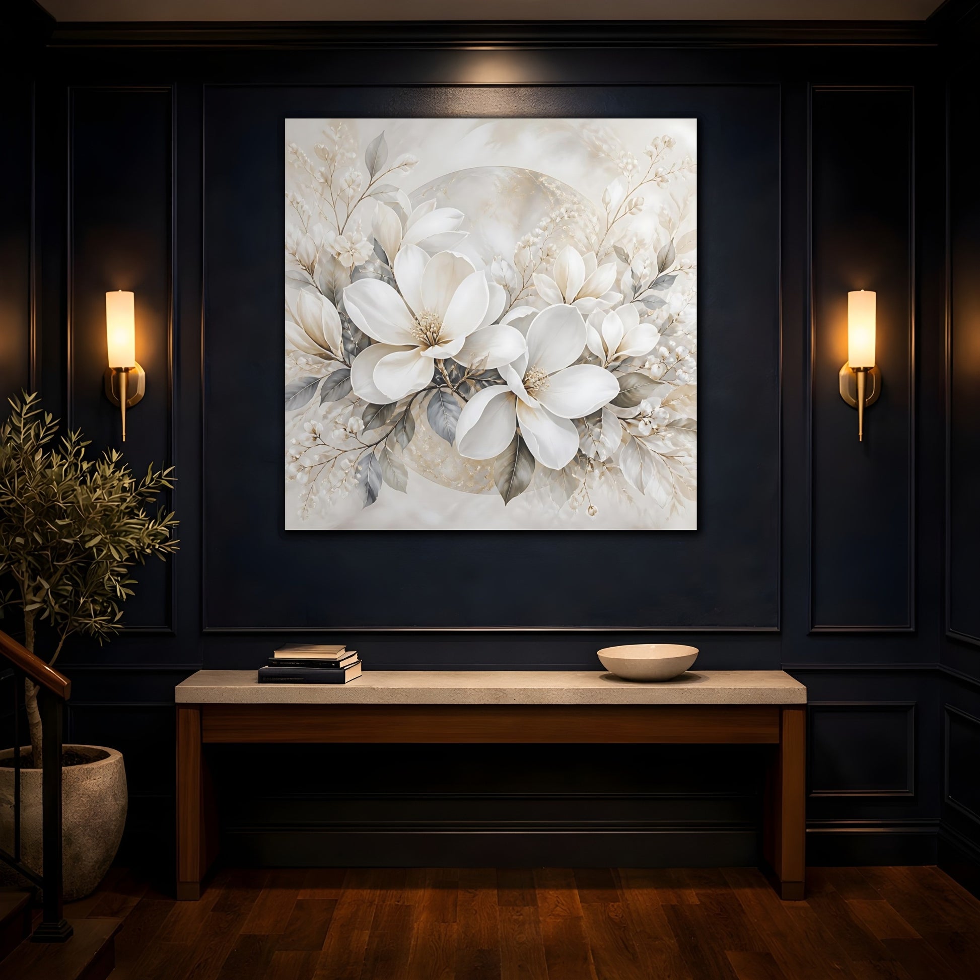 Mockup 4. Floral Magnolia Flowers White And Gold shown as stretched canvas wall art