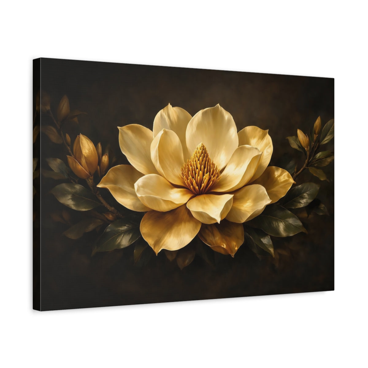 Side Mockup 3. Floral Magnolia Gold Magnolia shown as stretched canvas wall art