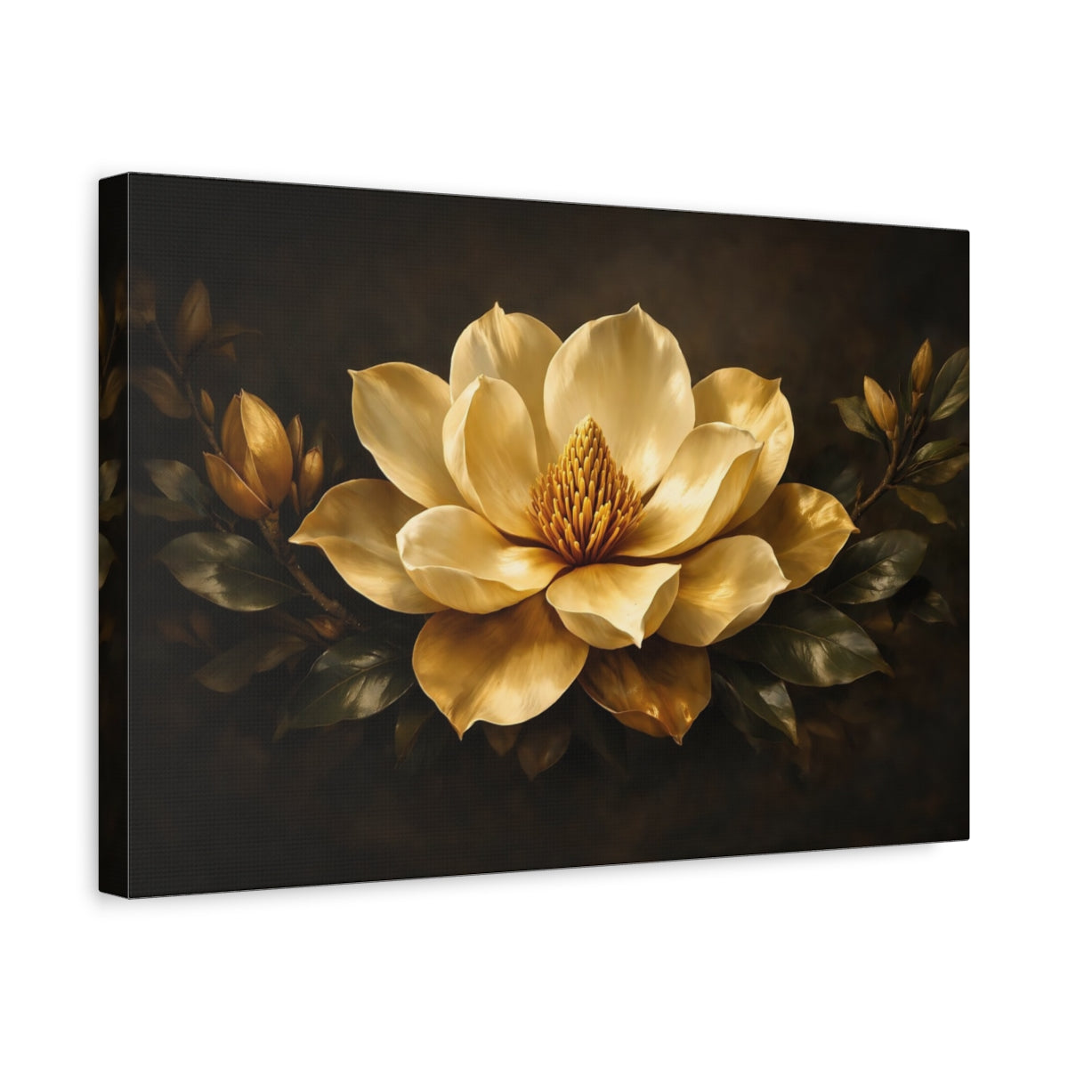 Side Mockup 4. Floral Magnolia Gold Magnolia shown as stretched canvas wall art