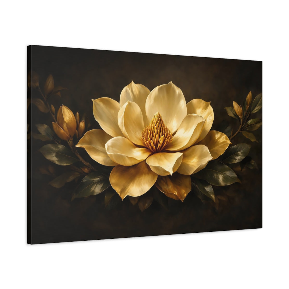 Side Mockup 1. Floral Magnolia Gold Magnolia shown as stretched canvas wall art