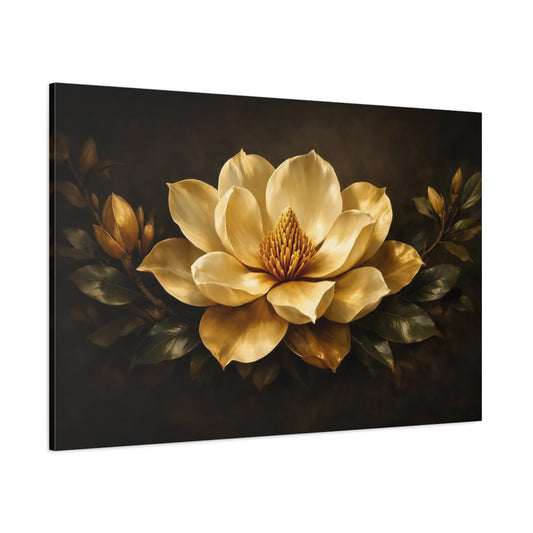 Main Mockup. Floral Magnolia Gold Magnolia shown as stretched canvas wall art