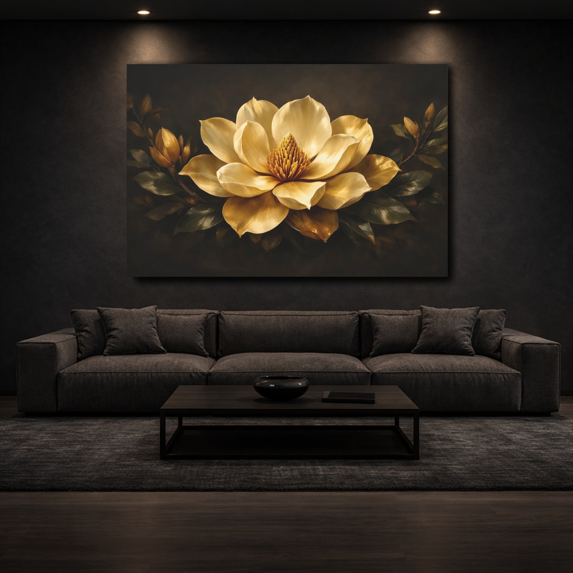 Mockup 2. Floral Magnolia Gold Magnolia shown as stretched canvas wall art