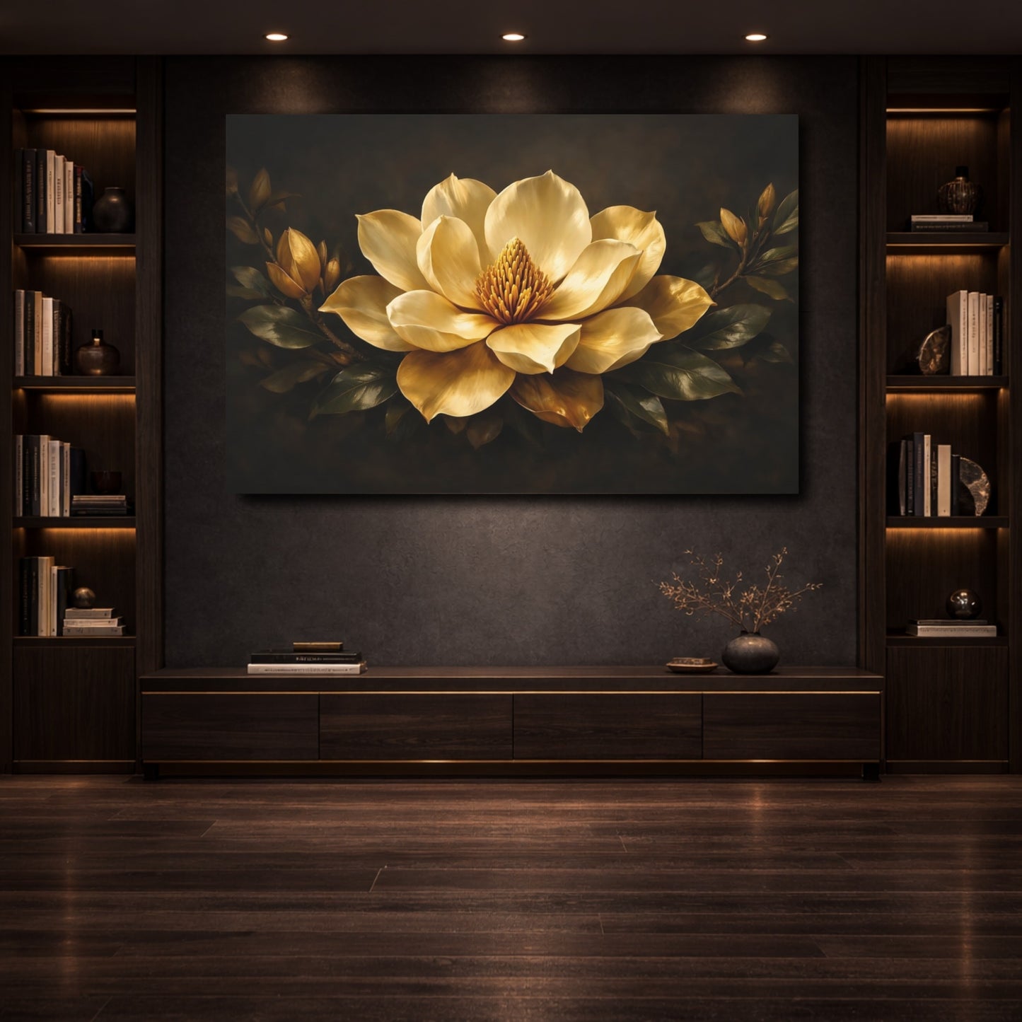 Mockup 3. Floral Magnolia Gold Magnolia shown as stretched canvas wall art