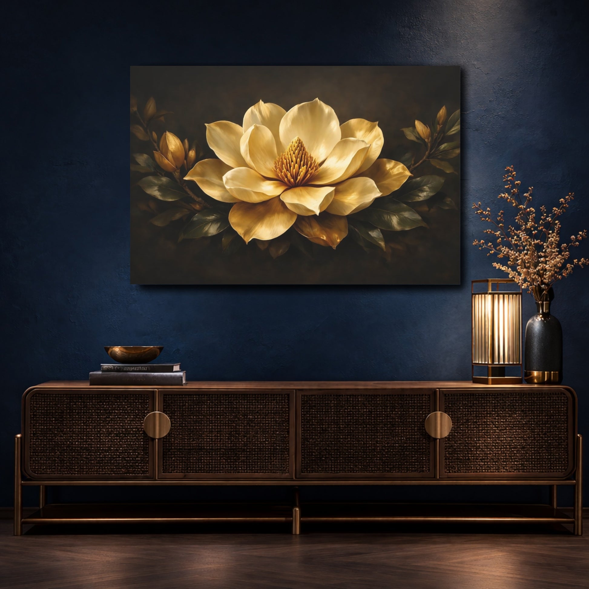 Mockup 4. Floral Magnolia Gold Magnolia shown as stretched canvas wall art