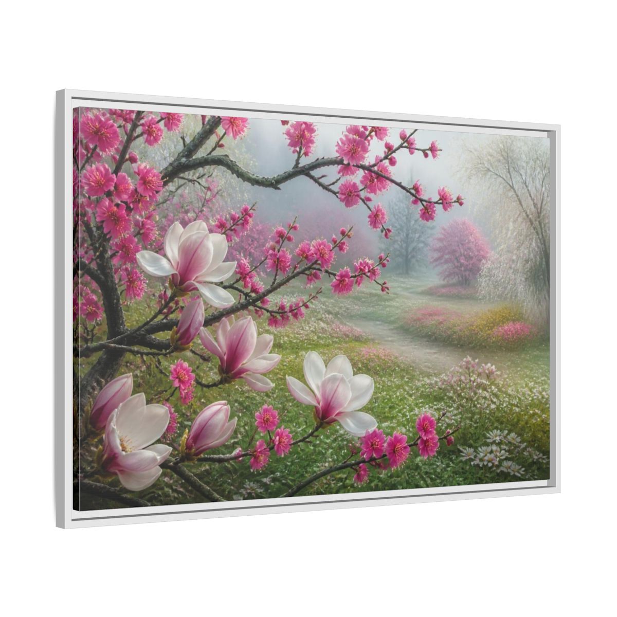 Side Mockup 9. Floral Magnolia Meadow shown as framed canvas print