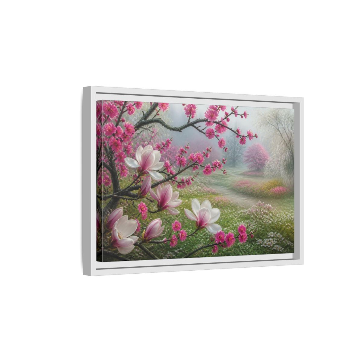 Side Mockup 4. Floral Magnolia Meadow shown as framed canvas print