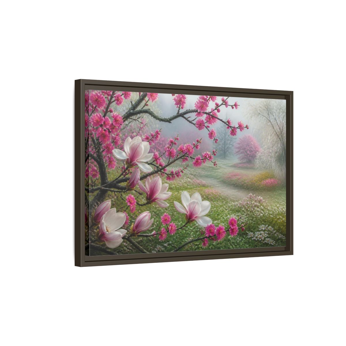 Side Mockup 2. Floral Magnolia Meadow shown as framed canvas print