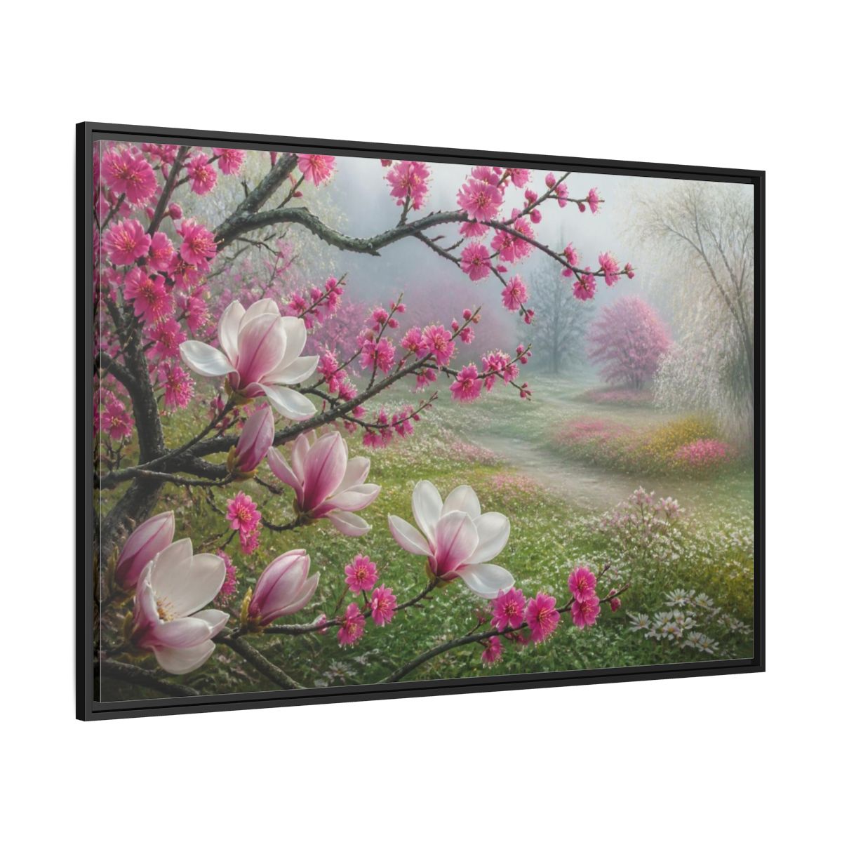 Side Mockup 12. Floral Magnolia Meadow shown as framed canvas print
