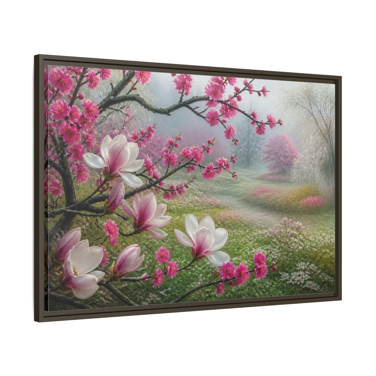 Main Mockup. Floral Magnolia Meadow shown as framed canvas print