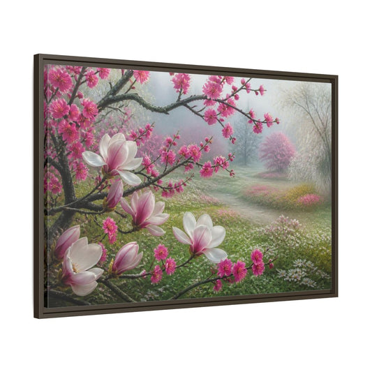 Main Mockup. Floral Magnolia Meadow shown as framed canvas print