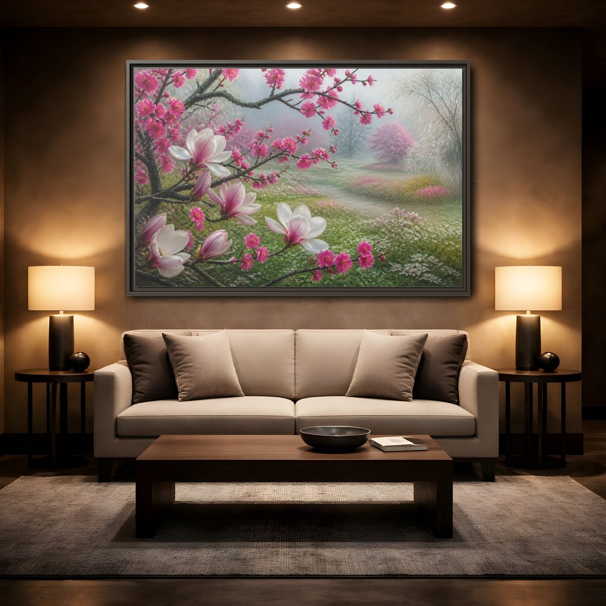 Mockup 2. Floral Magnolia Meadow shown as framed canvas print