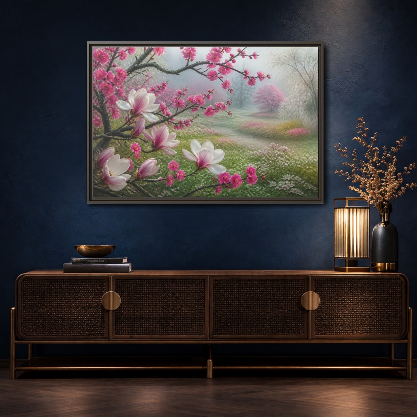 Mockup 4. Floral Magnolia Meadow shown as framed canvas print