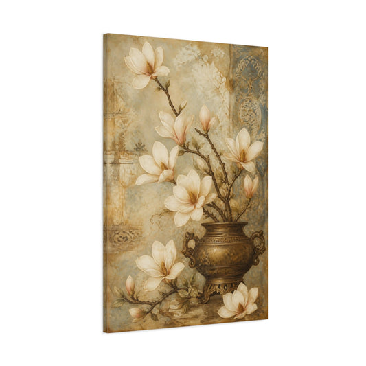 Main Mockup. Floral Magnolias Beige And Blue shown as canvas print