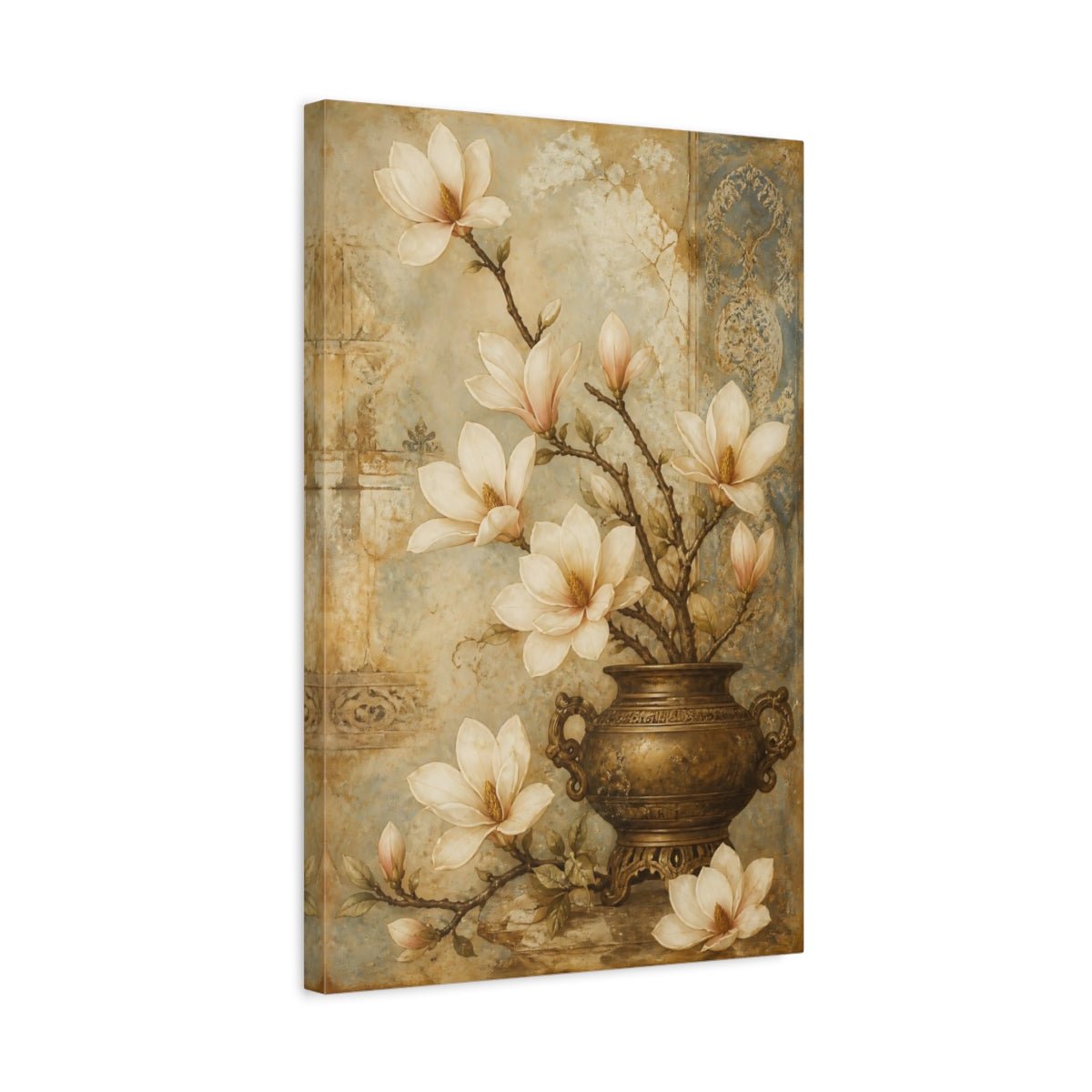 Floral Magnolias Beige And Blue Canvas Print – Living Room, Above Fireplace - YesArtYes