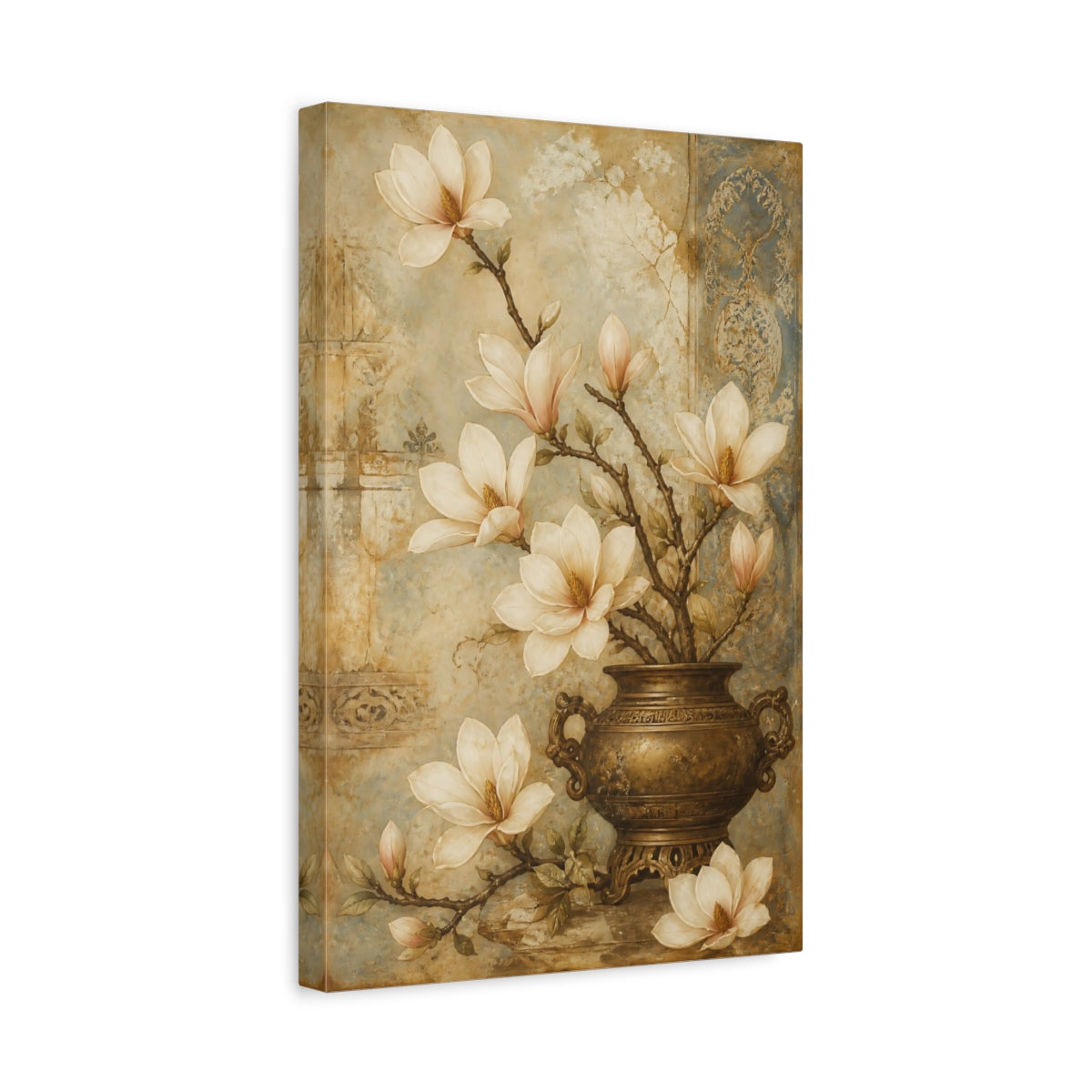 Side Mockup 4. Floral Magnolias Beige And Blue shown as canvas print