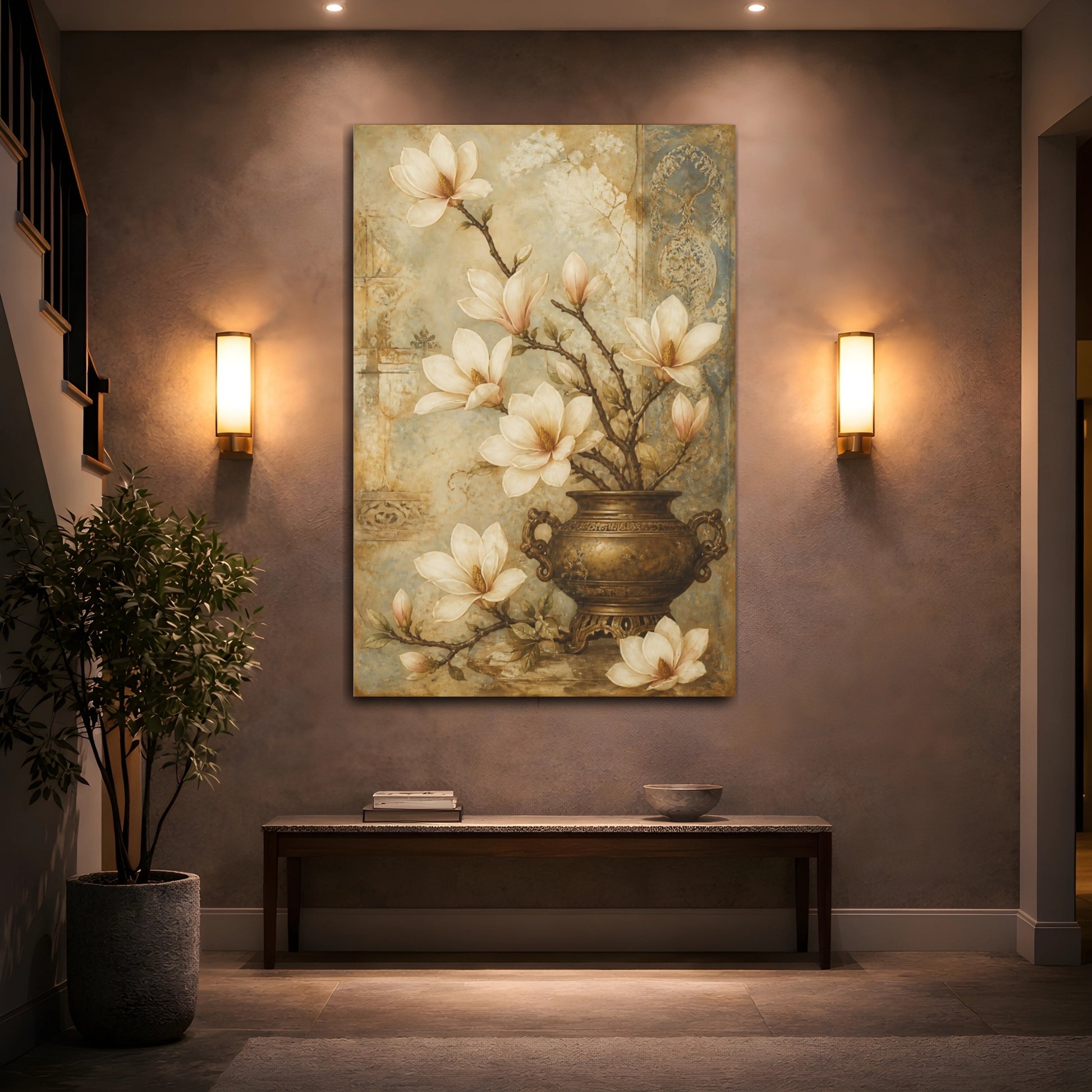 Mockup 2. Floral Magnolias Beige And Blue shown as canvas print