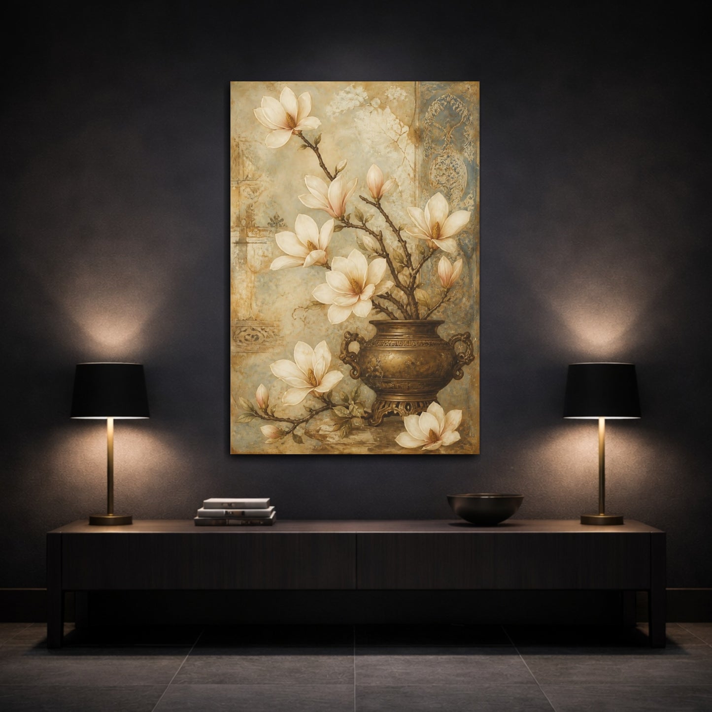 Mockup 3. Floral Magnolias Beige And Blue shown as canvas print