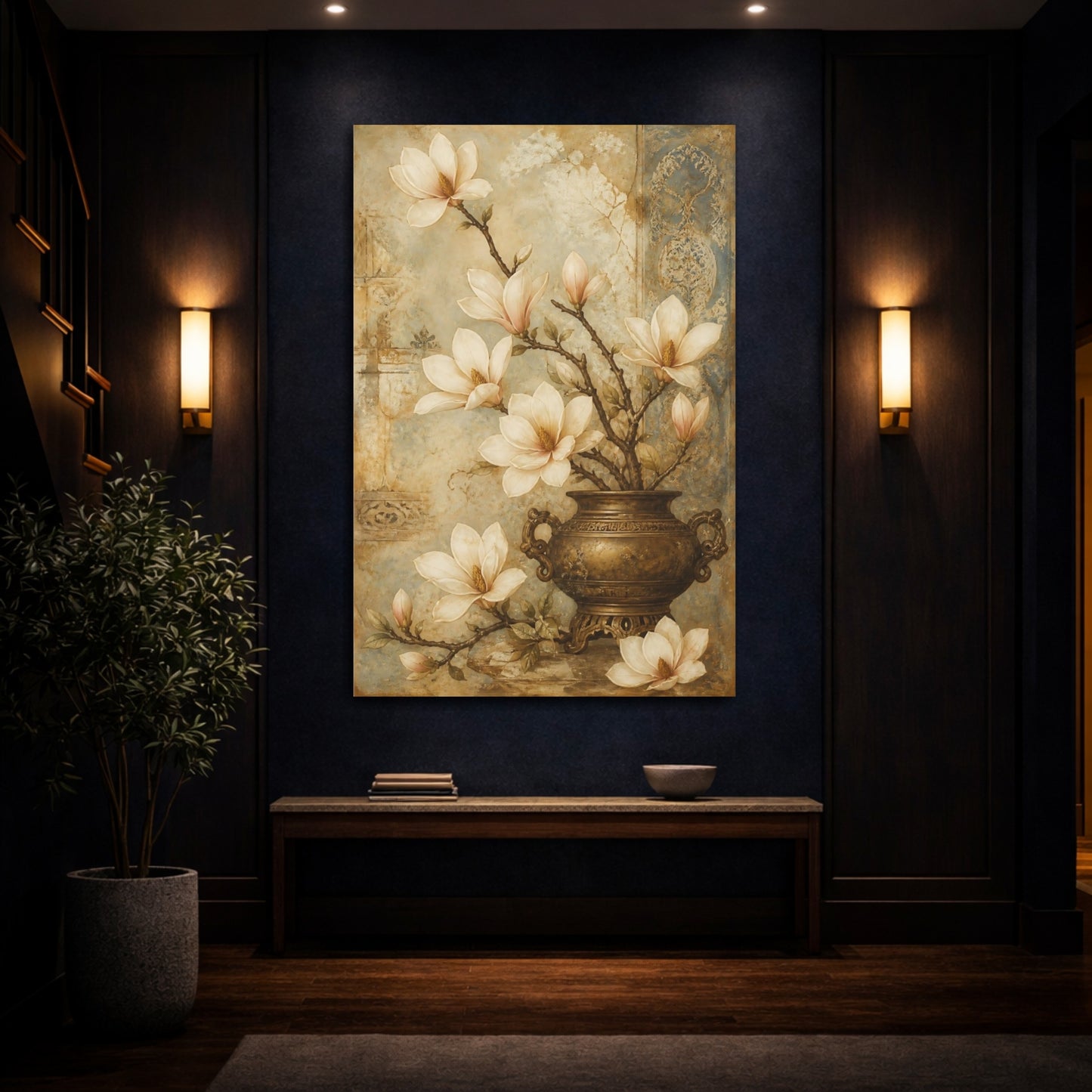 Mockup 4. Floral Magnolias Beige And Blue shown as canvas print
