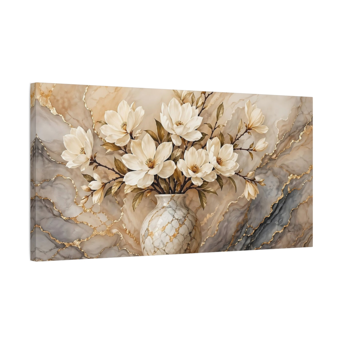 Side Mockup 1. Floral Magnolias Beige Gold Marble shown as stretched canvas wall art