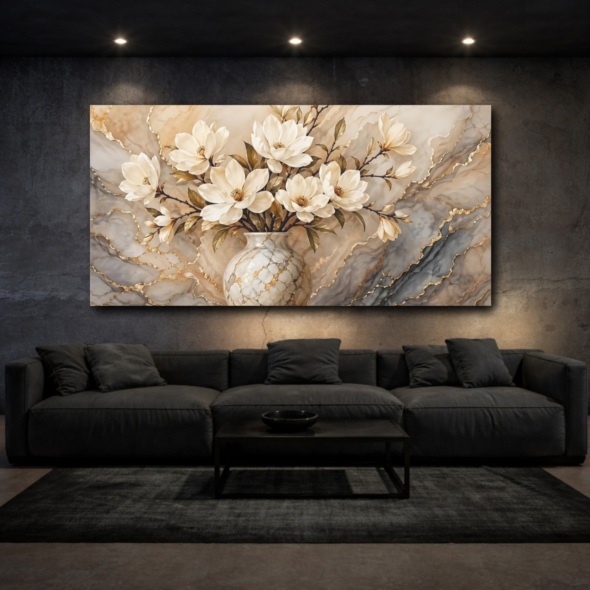 Mockup 2. Floral Magnolias Beige Gold Marble shown as stretched canvas wall art