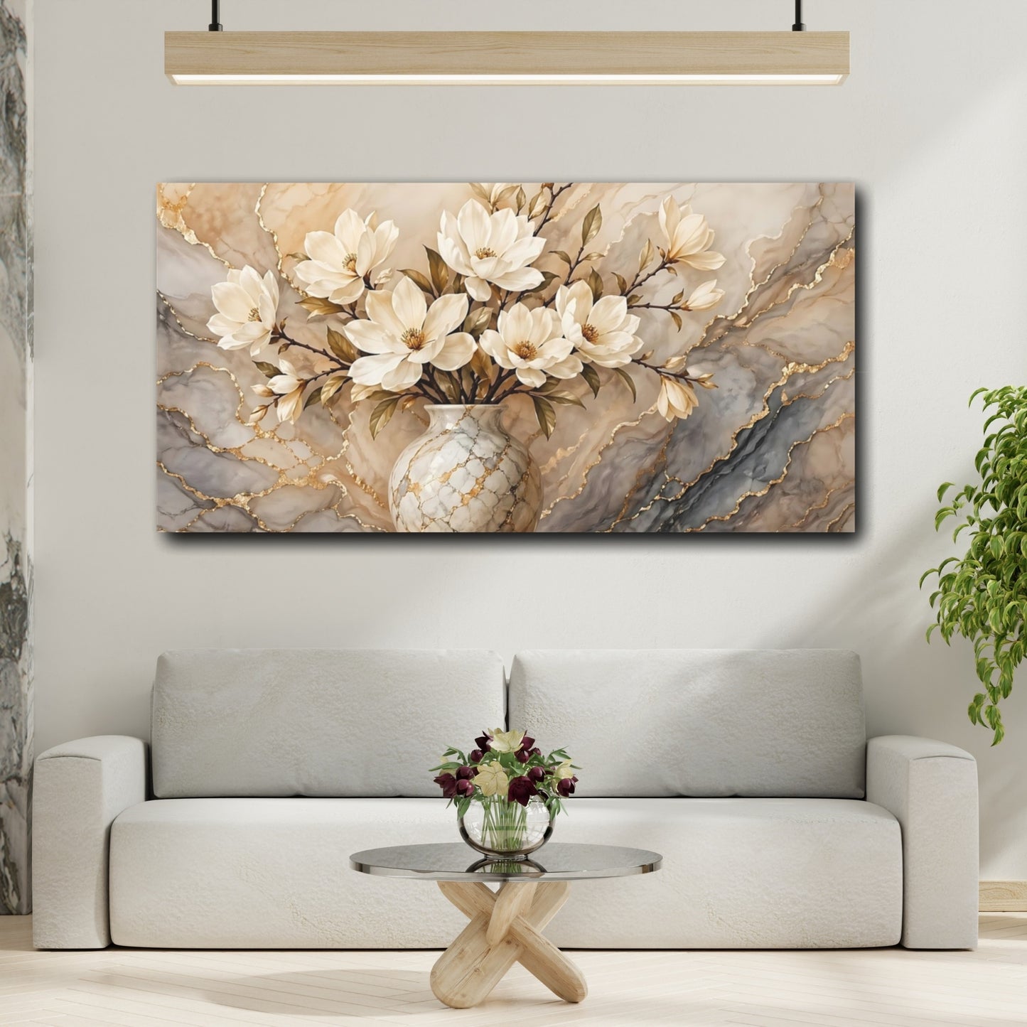 Mockup 3. Floral Magnolias Beige Gold Marble shown as stretched canvas wall art