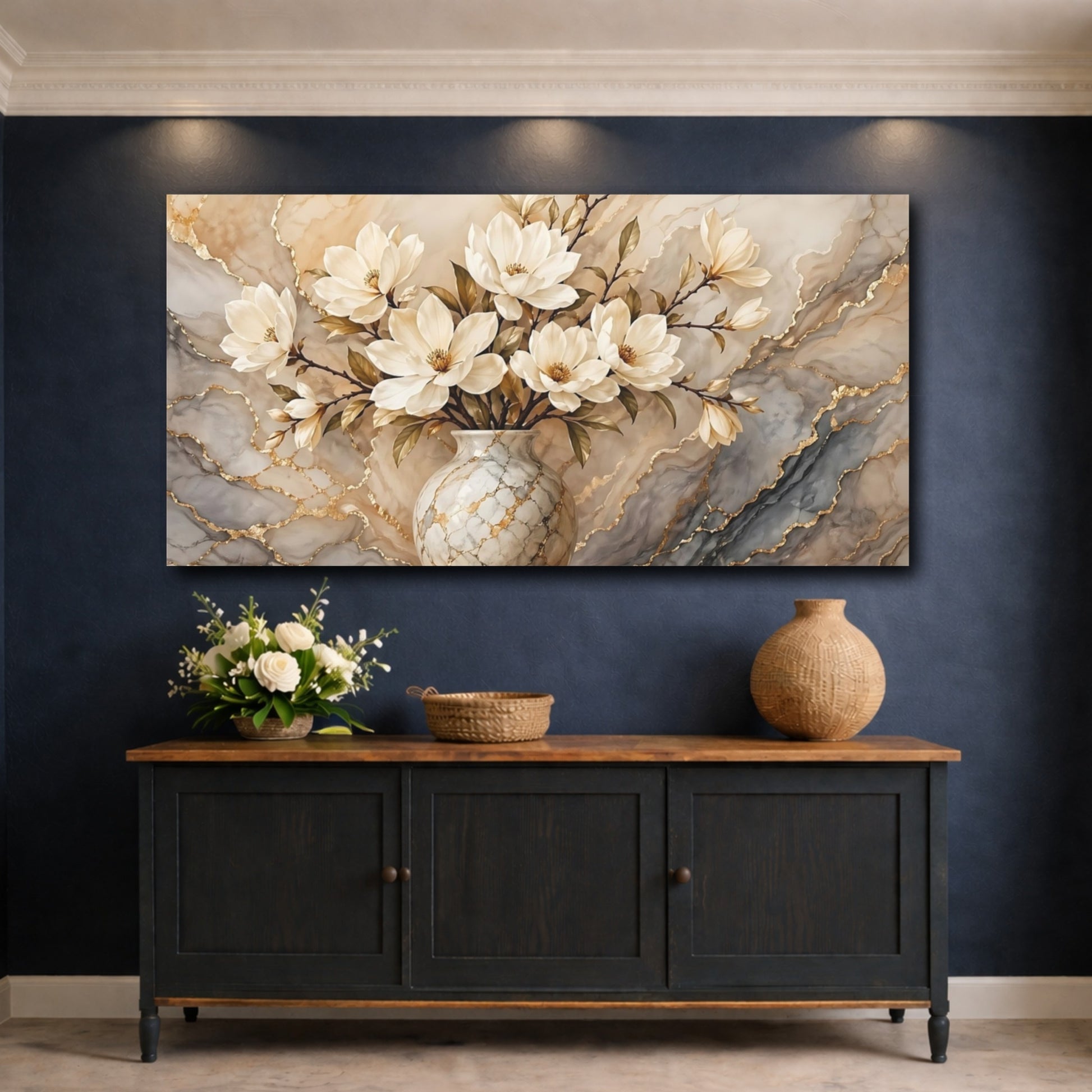 Mockup 4. Floral Magnolias Beige Gold Marble shown as stretched canvas wall art