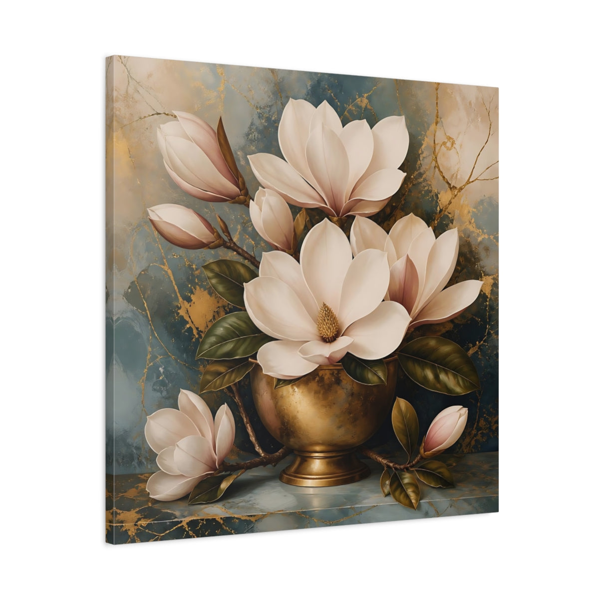 Side Mockup 3. Floral Magnolias White Magnolia Gold shown as stretched canvas wall art