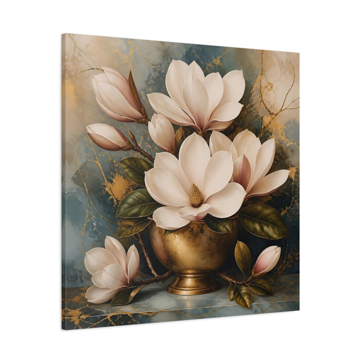 Side Mockup 1. Floral Magnolias White Magnolia Gold shown as stretched canvas wall art
