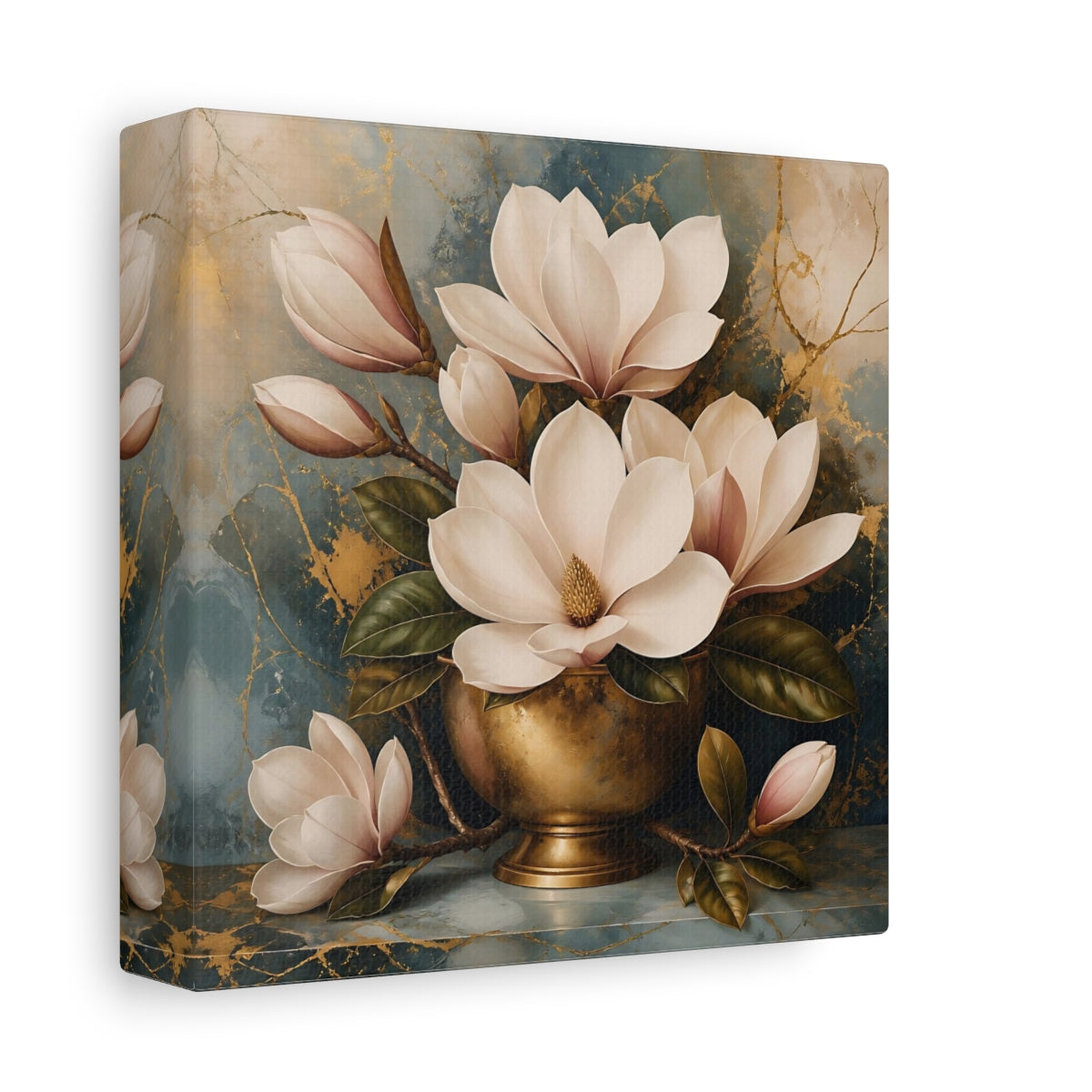 Side Mockup 2. Floral Magnolias White Magnolia Gold shown as stretched canvas wall art