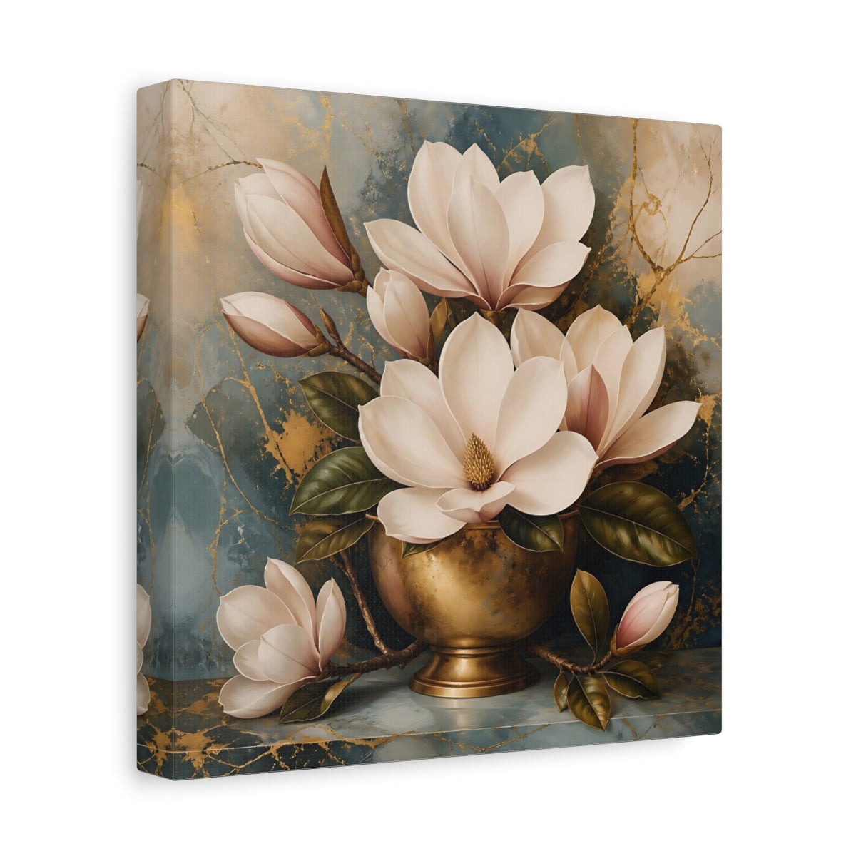 Side Mockup 9. Floral Magnolias White Magnolia Gold shown as stretched canvas wall art