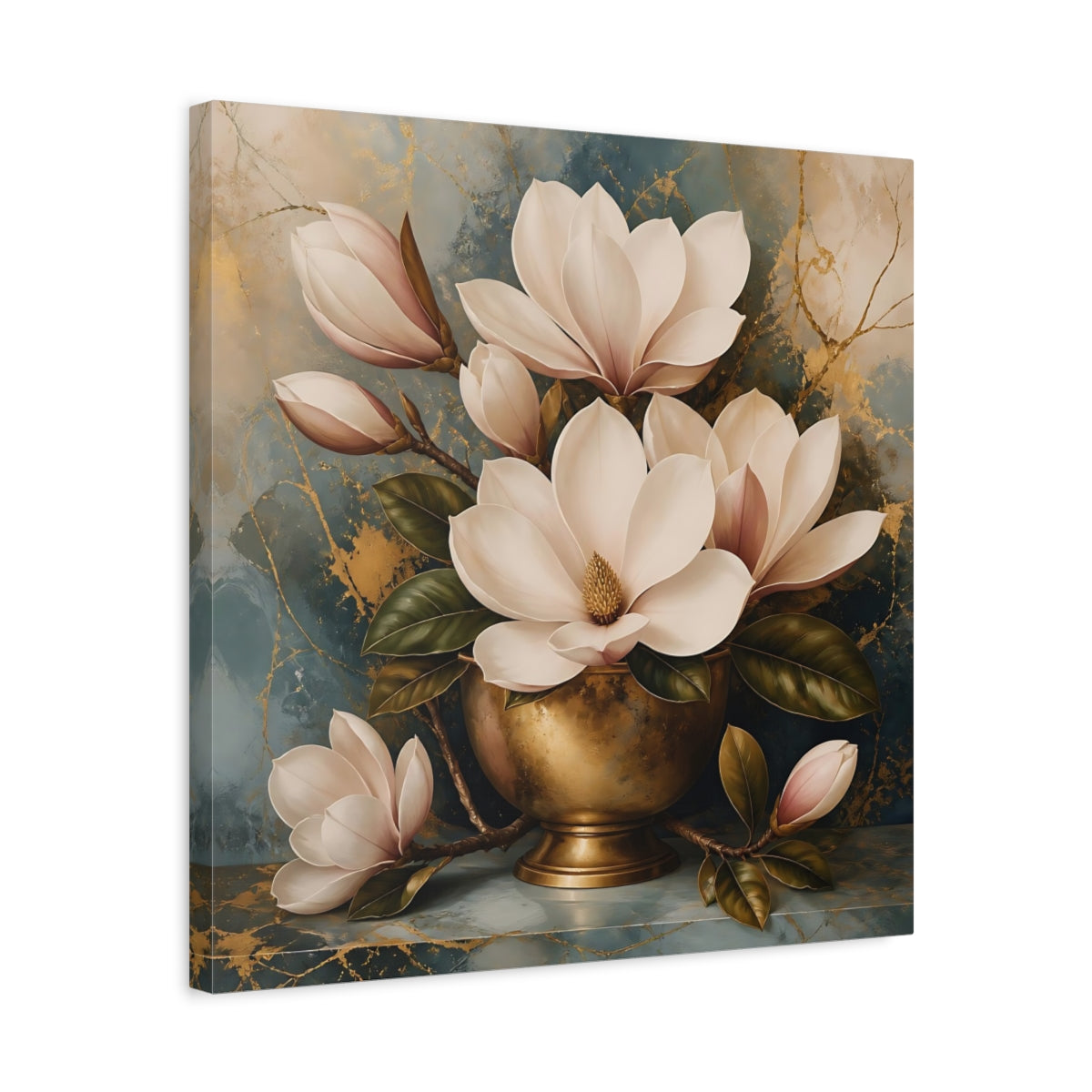 Side Mockup 5. Floral Magnolias White Magnolia Gold shown as stretched canvas wall art