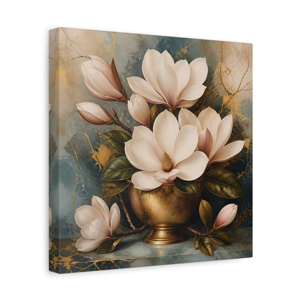 Side Mockup 8. Floral Magnolias White Magnolia Gold shown as stretched canvas wall art