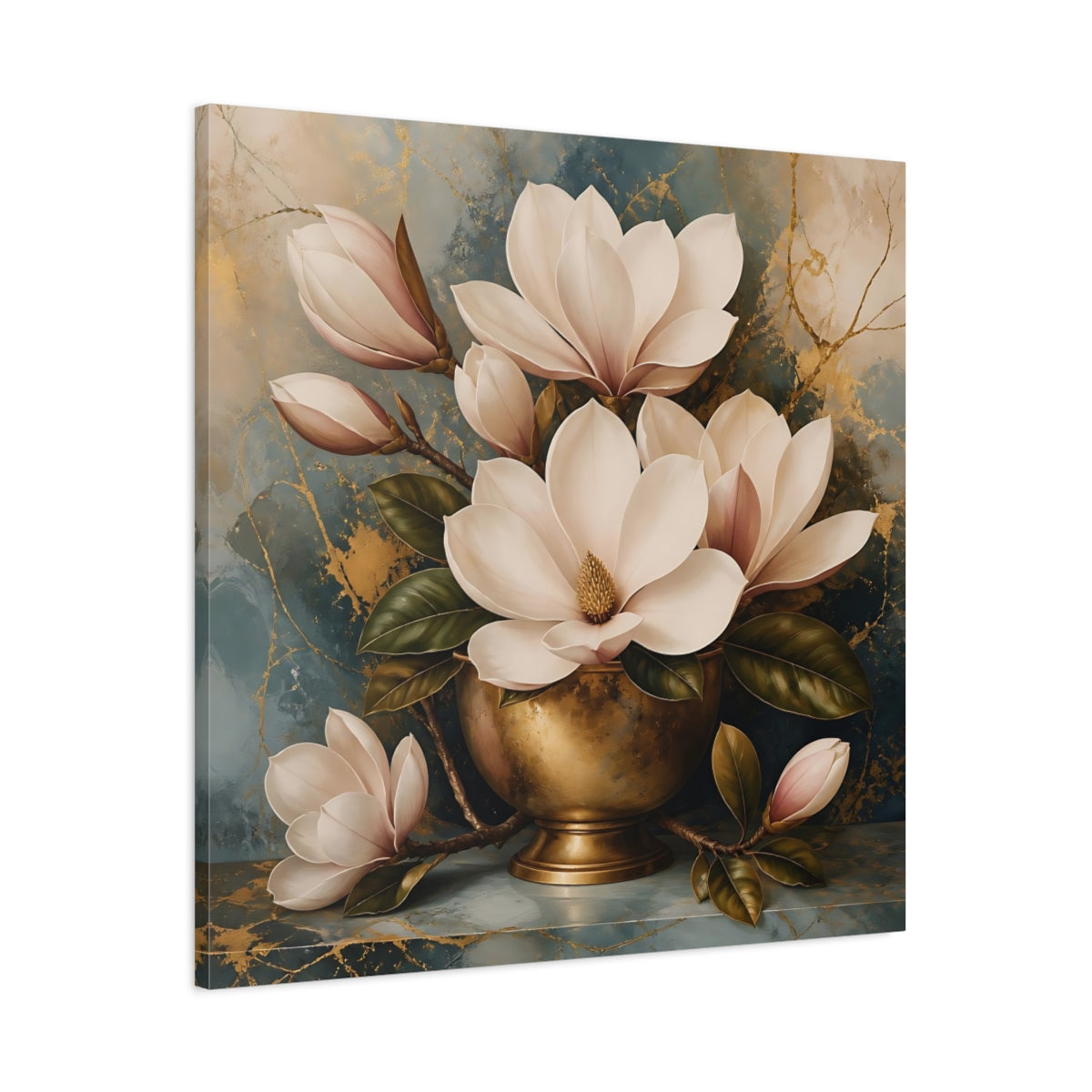 Main Mockup. Floral Magnolias White Magnolia Gold shown as stretched canvas wall art