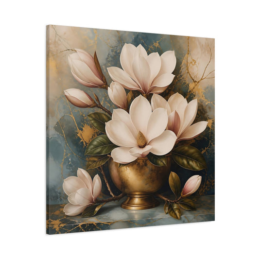Main Mockup. Floral Magnolias White Magnolia Gold shown as stretched canvas wall art