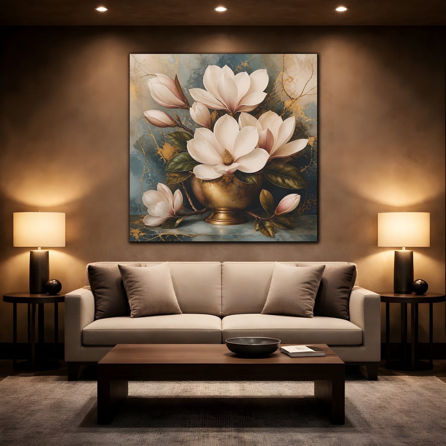 Mockup 2. Floral Magnolias White Magnolia Gold shown as stretched canvas wall art